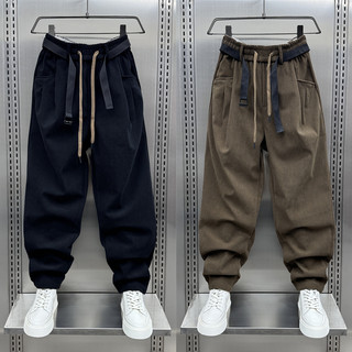 秋冬季新款灯芯绒休闲裤男士潮牌宽松直筒抽绳痞帅加绒加厚哈伦裤