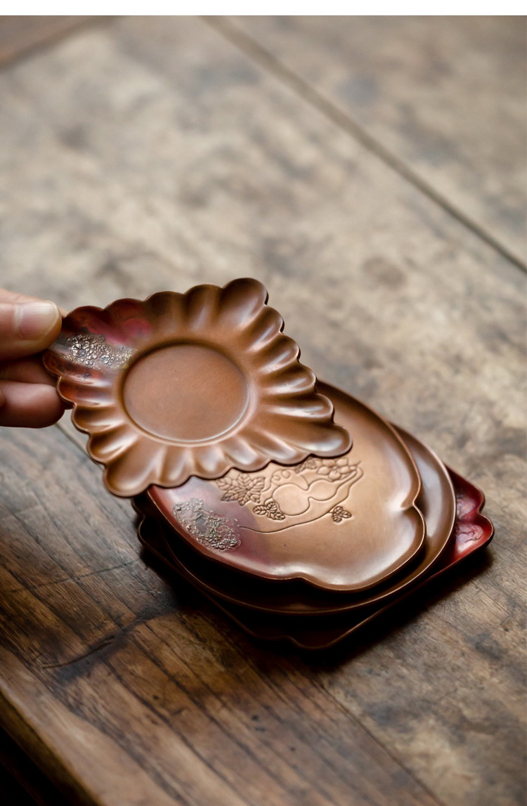 Copper cup mat as carved cup holder manually insulation pad zen saucer heat - resistant iron saucer kung fu tea accessories