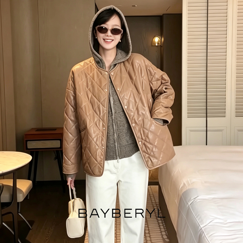 Bayberyl Classic Quilted Leather Jacket with Round Neck and Diamond Pattern, Filled with Genuine Leather