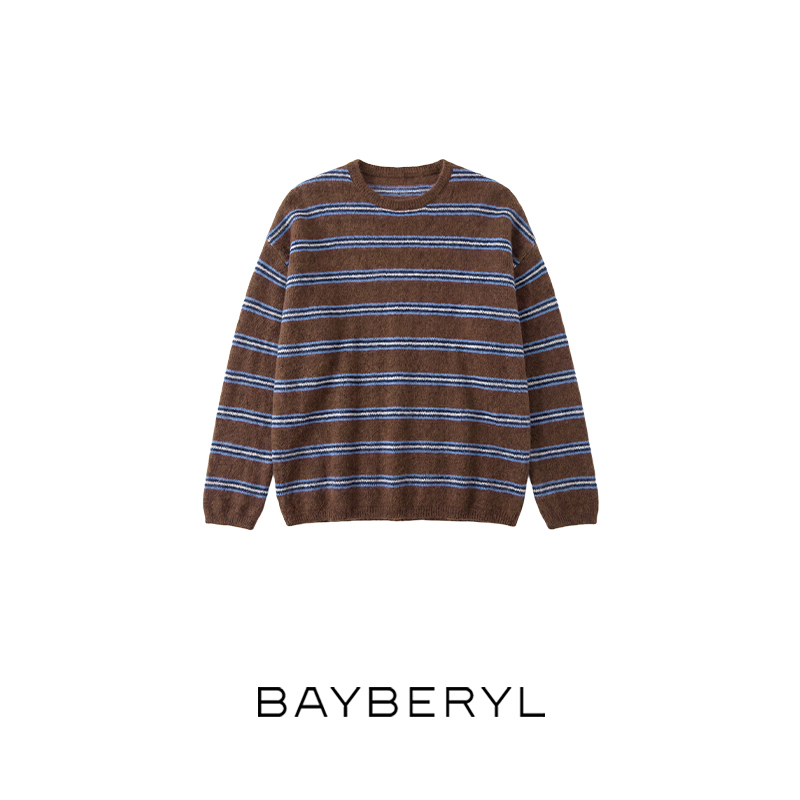 Bayberyl LAOSHU Acorn Blues* Silk Cashmere Vintage Striped Round Neck Loose Knit Sweater