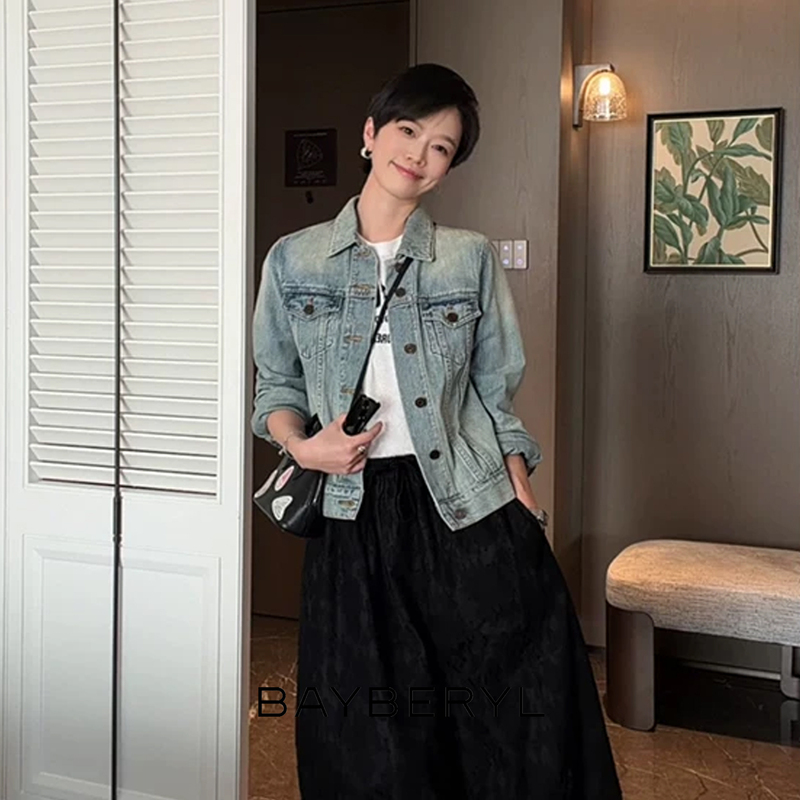 Bayberyl LAOSHU Poplar* White and Blue Distressed Washed Lapel Short Denim Jacket