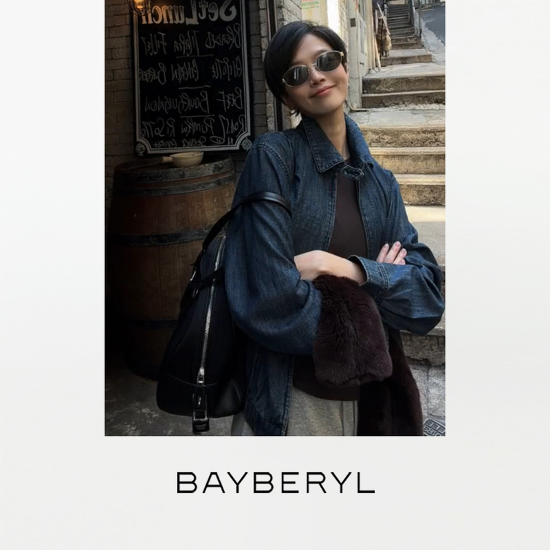 Bayberyl Shiny Berto Denim Lapel Zipper Jacket Denim Coat