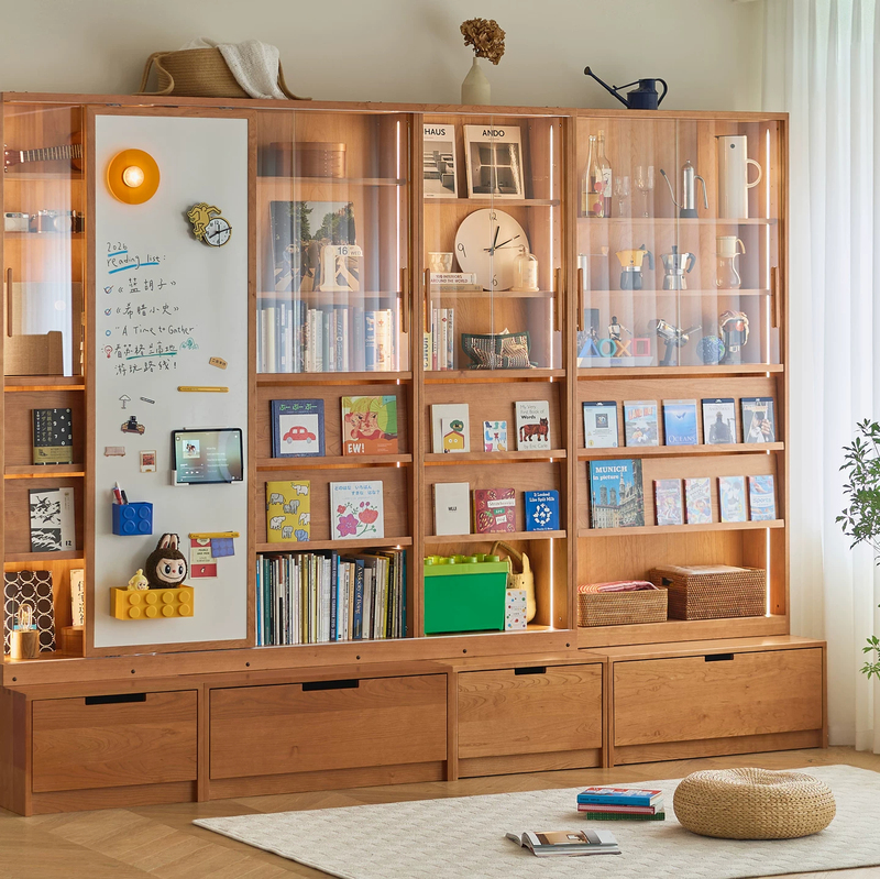Shanmei Jiudu Zhihua Bookcase Solid Wood Full Wall Cabinet Bookshelf Cherry Wood Enamel Board Door Living Room Storage Cabinet