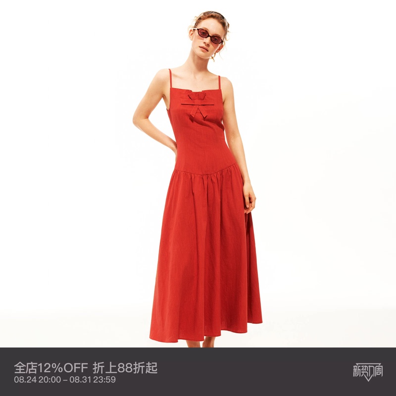 Puki Linen Lyocell Handmade Three-Dimensional Bow Waist-Cinching Pleated Vacation Strap Dress Puki Linen Lyocell Handmade Three-Dimensional Bow Waist-Cinching Pleated Vacation Strap Dress