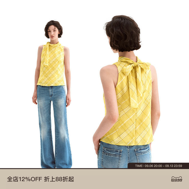 Puki Original 100% Linen Summer Retro Classic Plaid Halter Neck Bow Casual Versatile Sleeveless Shirt