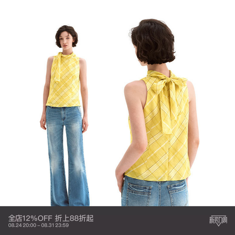 Puki Original 100% Linen Summer Retro Classic Plaid Halter Neck Bow Casual Versatile Sleeveless Shirt