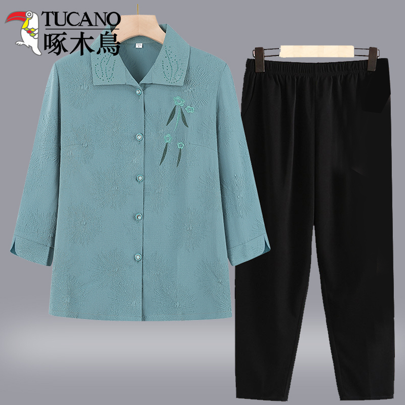 Woodpecker Grandma's Summer Outfit New Style Women's Three-Quarter Sleeve Shirt for Middle-Aged and Elderly Mothers, Thin Spring and Autumn Clothing