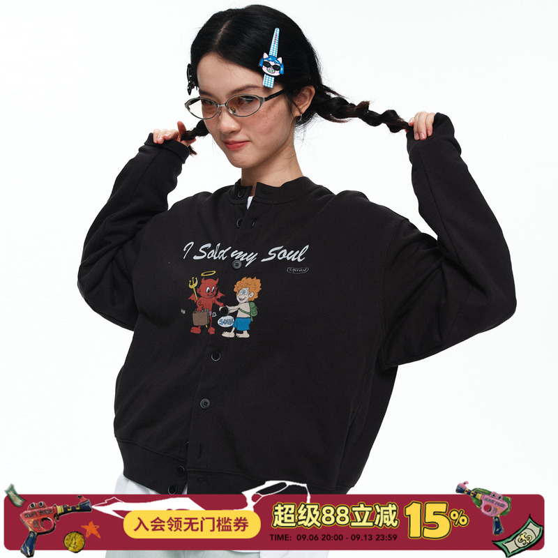 Tipseven Retro Devil Boy Print Baseball Jacket Loose Knit Top Autumn Short Coat for Women