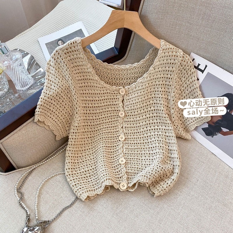 Crochet Hollow-Out Ice Silk Knitted Cardigan for Women, Summer Thin Style, Petite Loose Short Unique Short-Sleeve T-Shirt Top