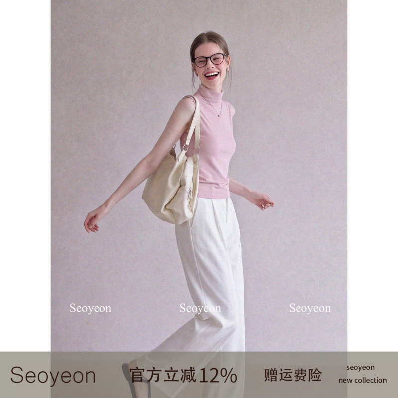 Seoyeon Pink Half-High Collar Slim Sleeveless Vest for Women, Slim Fit, Simple and Versatile Top for Summer Seoyeon Pink Half-High Collar Slim Sleeveless Vest for Women, Slim Fit, Simple and Versatile Top for Summer