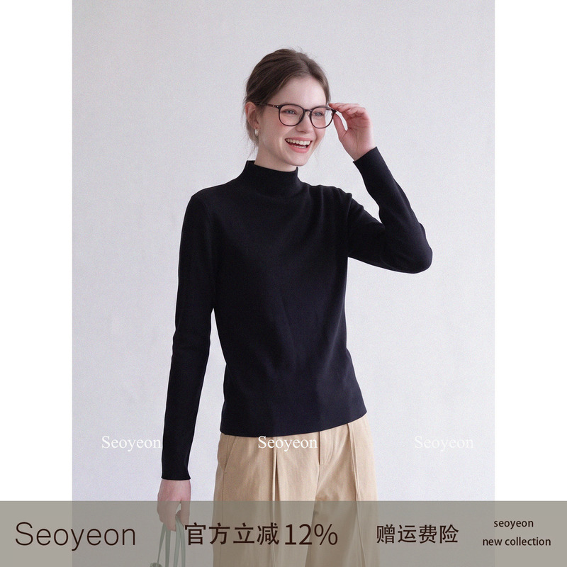 Seoyeon Slim-Fit Black Half-Turtleneck Sweater Knit Base Layer for Women, Suitable for Autumn and Winter, to Wear under Coats Seoyeon Slim-Fit Black Half-Turtleneck Sweater Knit Base Layer for Women, Suitable for Autumn and Winter, to Wear under Coats
