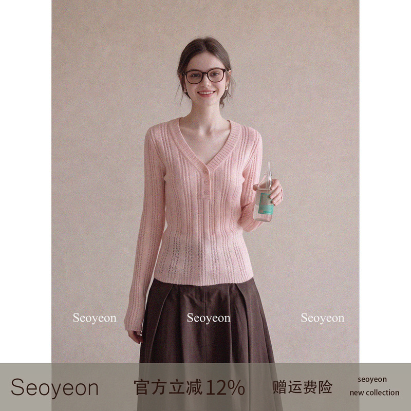 Seoyeon Pink V-Neck Knit Top for Women, Thin Autumn Style with Vertical Ribbed Pattern and Hollow-Out Design, Wool Knit Sweater