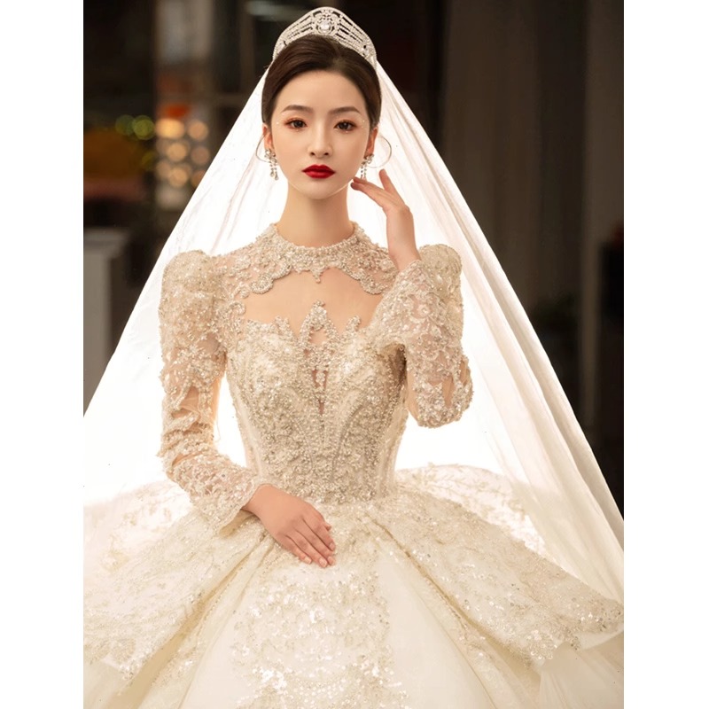 Advanced retro spring bag for bride, french style, high-end, suitable for teen, long sleeve, plus size