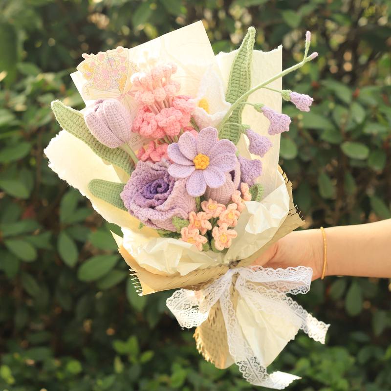 Finished Handmade Knitted Hyacinth Mixed Bouquet Yarn Flowers as a Creative Gift for Girlfriend, Best Friend, Children's Day, or Birthday