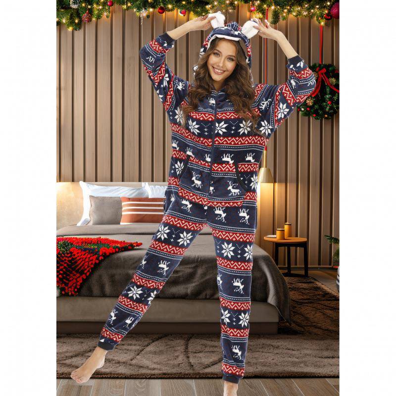 European and American Cross-Border Women's Christmas Reindeer Snowflake Flannel Hooded Jumpsuit Pajamas Loungewear European and American Cross-Border Women's Christmas Reindeer Snowflake Flannel Hooded Jumpsuit Pajamas Loungewear