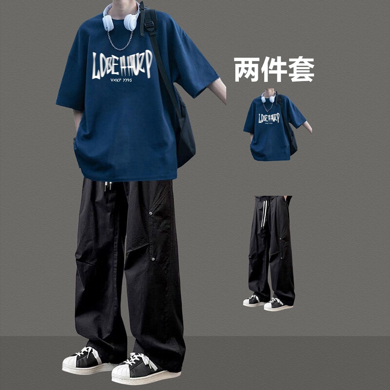 American-Style Pure Cotton Short-Sleeved Printed T-Shirt for Boys, Summer Loose and Handsome Casual Suit, Youth Trendy Brand Two-Piece Set