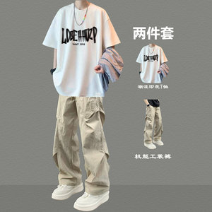 Teen Boys' Summer Pure Cotton Short-Sleeved T-Shirt and Cargo Pants Two-Piece Set, Loose Casual Sports Suit, Trendy Brand