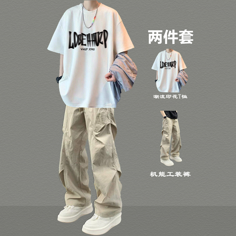 Teen Boys' Summer Pure Cotton Short-Sleeved T-Shirt and Cargo Pants Two-Piece Set, Loose Casual Sports Suit, Trendy Brand