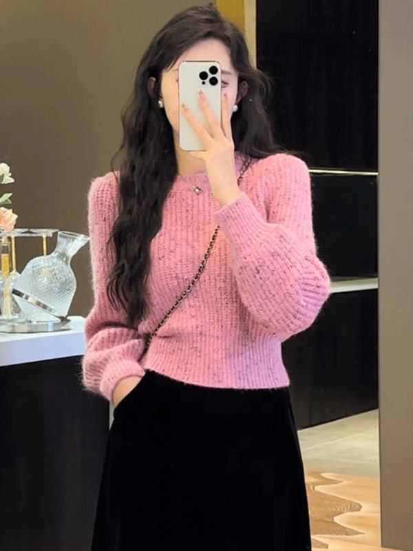 Spring and Autumn Super Stylish Pink Short Pullover Sweater for Women 2026 New Spring Slim Fit Long Sleeve Knit Top Spring and Autumn Super Stylish Pink Short Pullover Sweater for Women 2026 New Spring Slim Fit Long Sleeve Knit Top