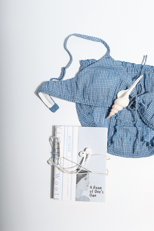 Yunpumian [Light] Series Plaid Light Cloud Crepe French Style Wireless Triangle Cup Bra Set All Cotton