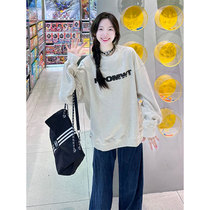 Guochao Grey Sweatshirt Woman Fall New Oversize Loose THIN LETTER PRINTED BLOUSE PURE COTTON THIN COAT