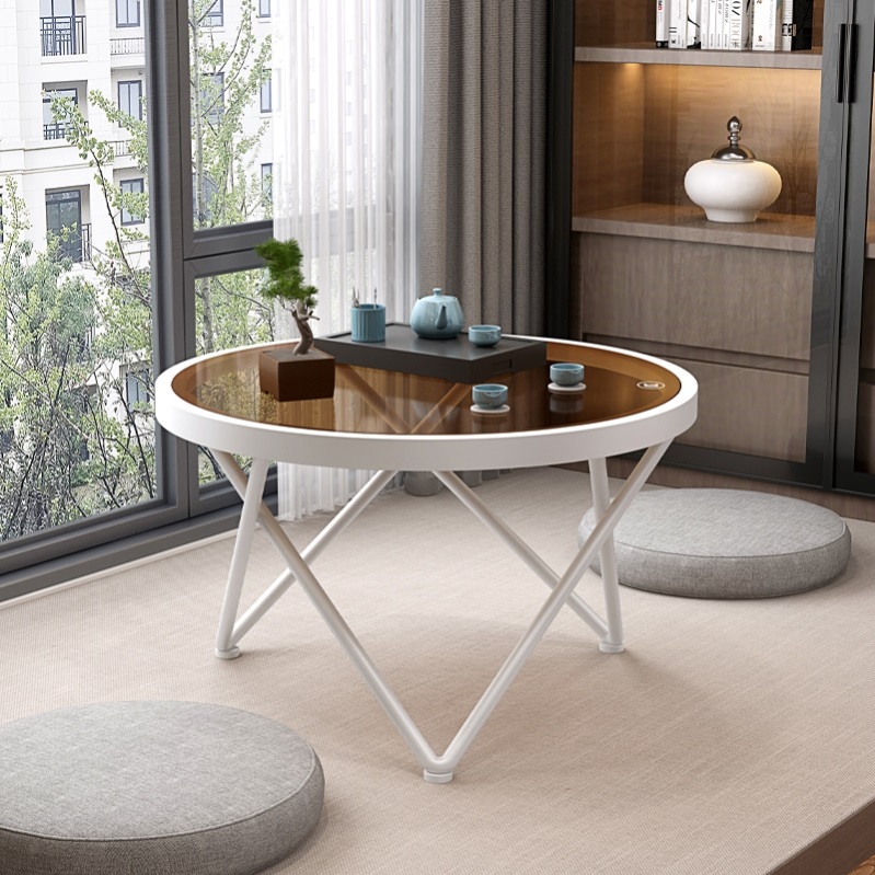 Long-iridescent tempered glass tea table modern minimalist sitting ground day style floating window small table with tea table tatami tea table round table-Taobao
