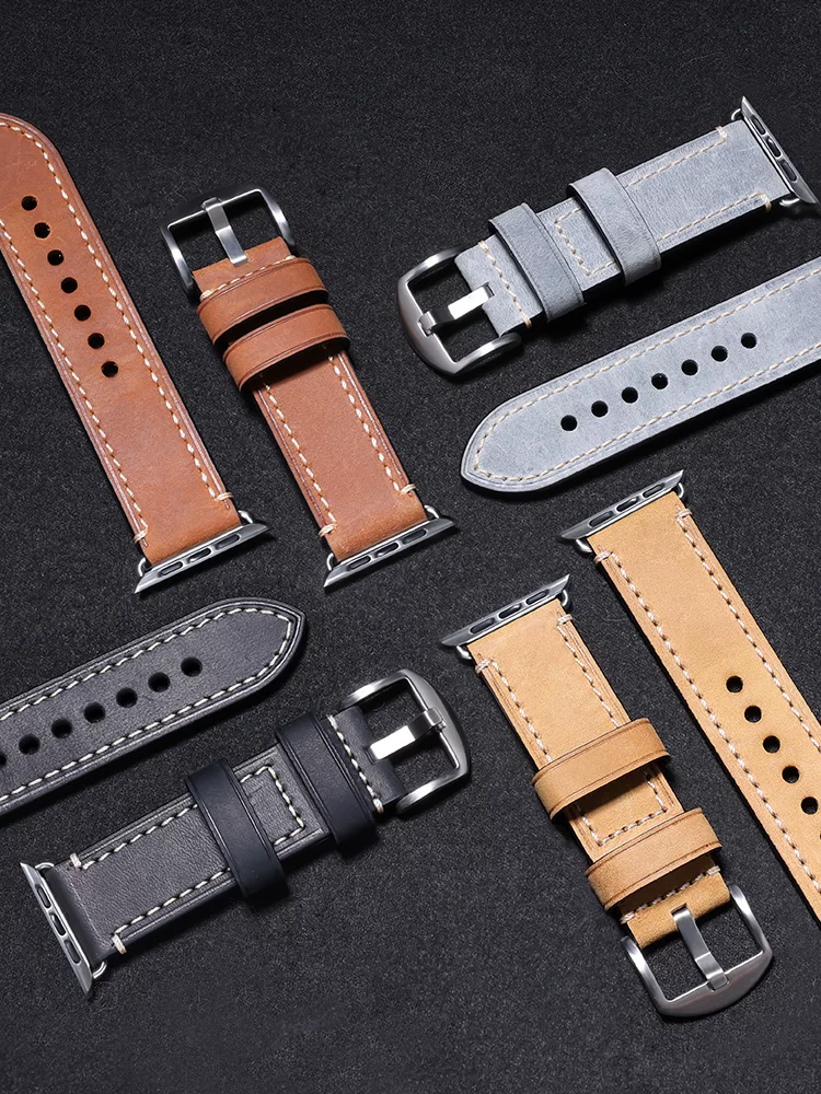 表带哥 Applicable Apple iWatchs9 watch with leather Applewatch strap metal IWATCH8 men's autumn and winter new AppleWatchultra2 generation apple watch women's models