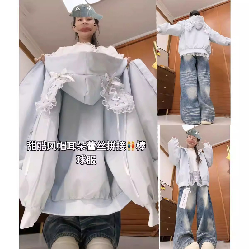 Sweet Style Cute Lace Bunny Ear Hooded Jacket for Women, New Spring and Autumn Korean Style Loose Baseball Jacket for Women, Trendy