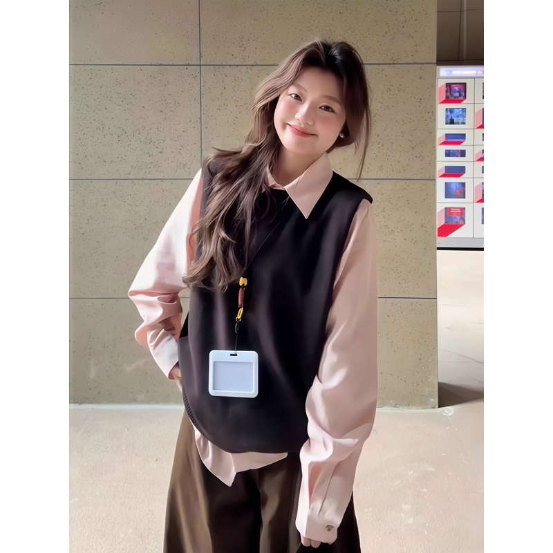 Pink Long-Sleeved Shirt for Women 2025 New Korean Style Atmospheric Outfit Shirt Paired with Vest Layered Top Set