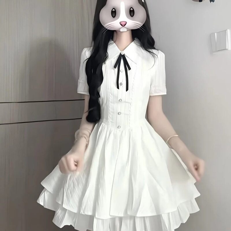 French Sweet Style White Bow Dress for Women, Preppy Style, Waist-Cinching, Slimming, Petite First Love Dress French Sweet Style White Bow Dress for Women, Preppy Style, Waist-Cinching, Slimming, Petite First Love Dress