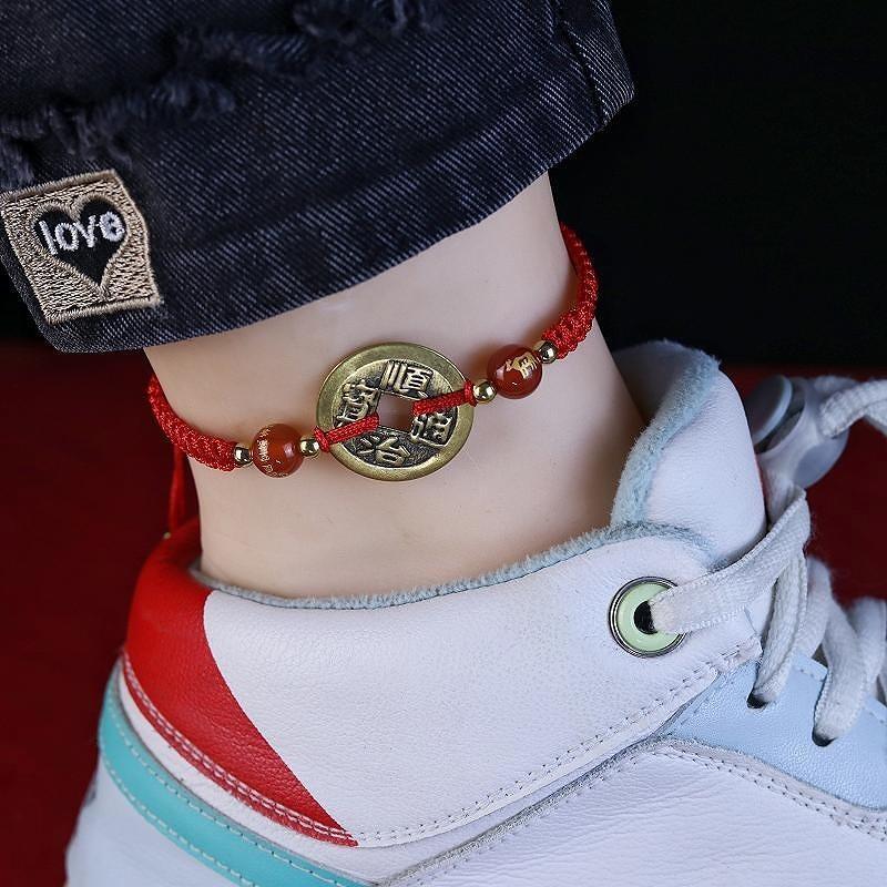 Hand Woven Red Rope Five Imperiale Money Foot Chain Duozodiac Zodiac Eight Patron Saint of the Year Men and Women Bronze Money Bracelet-Taobao