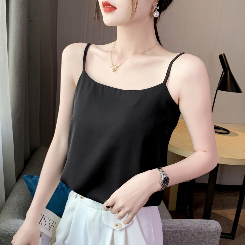 Black Chiffon Camisole for Women, Suitable for Autumn, Can Be Worn with Shirts or Suits, Trendy Loose-Fitting Sleeveless Top for Outerwear