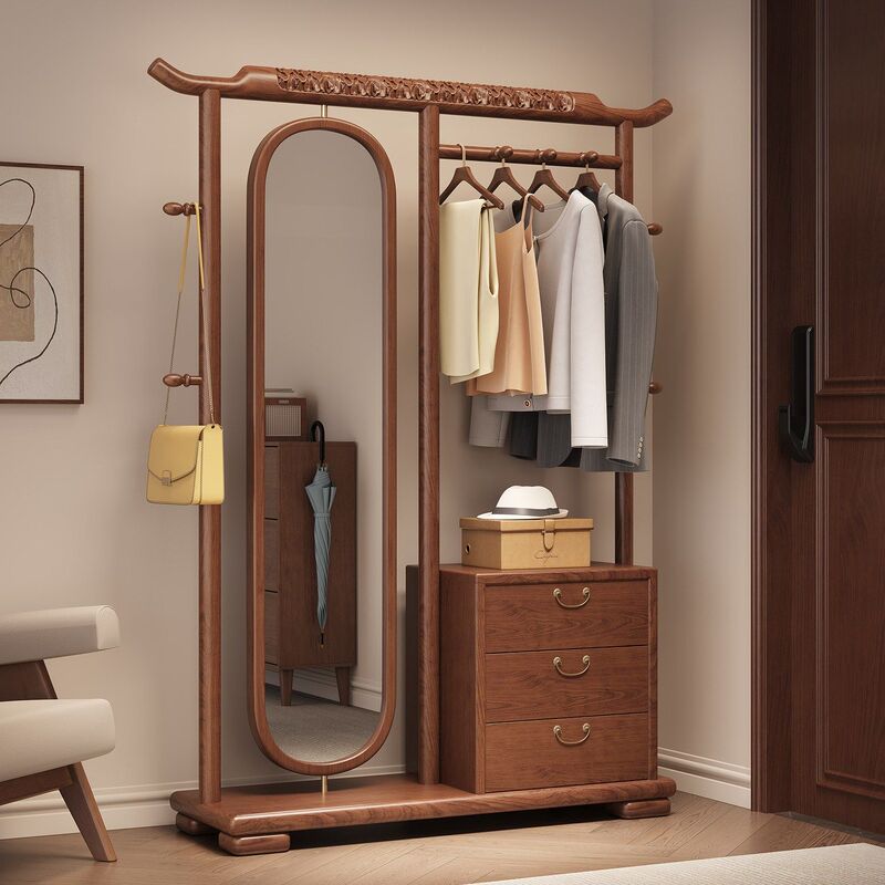 Song Dynasty-Style Aesthetic Solid Wood Coat Rack, New Chinese-Style Floor-Standing Bedroom Furniture with Rotating Dressing Mirror, Multifunctional Song Dynasty-Style Aesthetic Solid Wood Coat Rack, New Chinese-Style Floor-Standing Bedroom Furniture with Rotating Dressing Mirror, Multifunctional