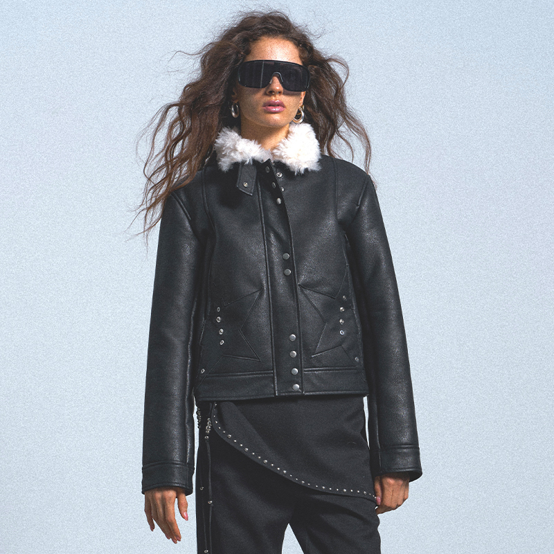 Selfsyntax 2025Aw Star Pocket Fur Collar Warm Leather Short Jacket