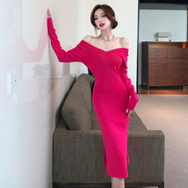 Real shot of French sexy one-shoulder strap pure lust style knitted skirt in autumn and winter with mid-length dress