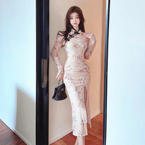 Real shot of French-style street-style national trend 2022 young girl improved version of cheongsam sexy mesh high-end dress