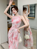 2023 summer fairy halo gentle and elegant slimming pleated shoulder chiffon suspender dress