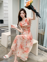 2023 Summer Light Mature Style French Floral Elegant Strap Chiffon Dress