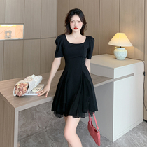 2023 new summer style puff sleeve square neck mesh splicing dress womens waist slimming mid-length skirt 910