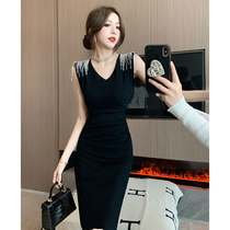 Real shot of temperament and fashionable summer new slim fit fringed dress mid-length high waist hip skirt