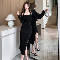 Real shot of sexy halter neck suspender dress for pure lust hot girl slim fit hip slit long skirt cardigan suit