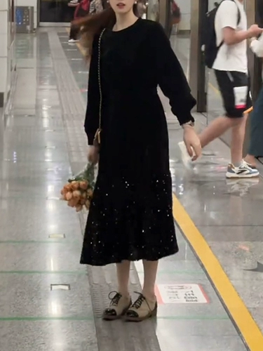 Черные блестки для ногтей, платье, элегантный корсет, длинная юбка, рыбий хвост, яркий броский стиль, изысканный стиль, средней длины