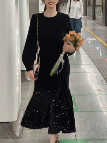 Черные блестки для ногтей, платье, элегантный корсет, длинная юбка, рыбий хвост, яркий броский стиль, изысканный стиль, средней длины