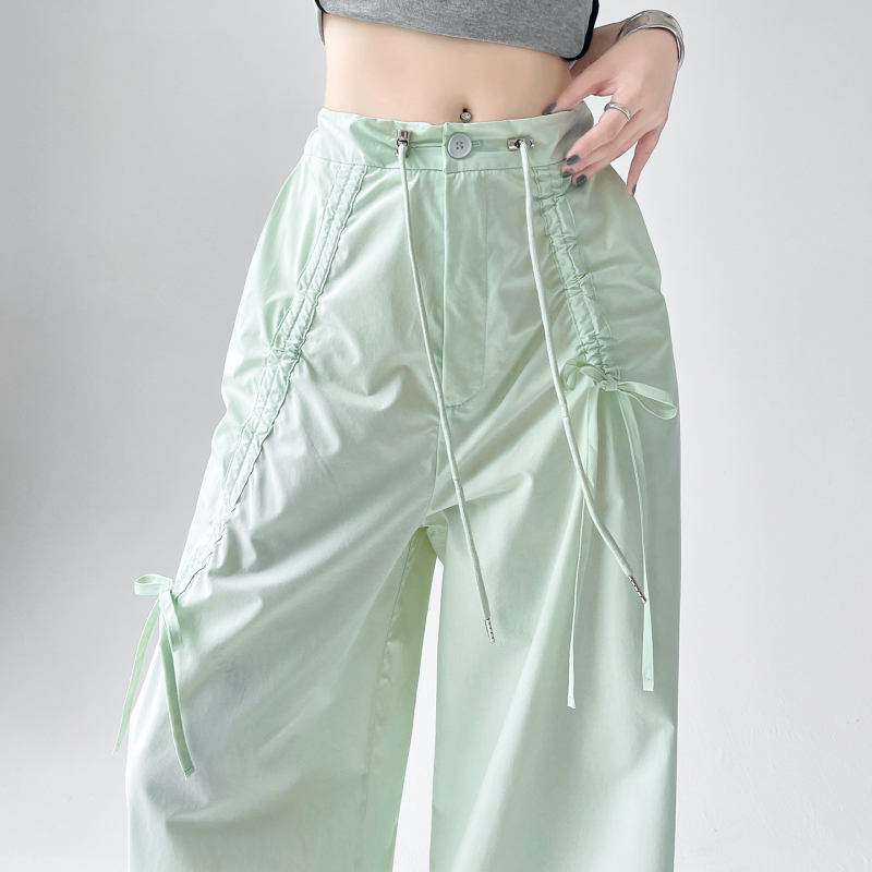 Dopamine Green Quick-Dry Work Pants for Women, Summer Thin American-Style Drawstring Jogger Wide-Leg Casual Parachute Sports Pants