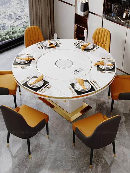 内嵌转盘餐桌椅组合小户型轻奢现代简约多功能电磁炉饭桌可变圆形