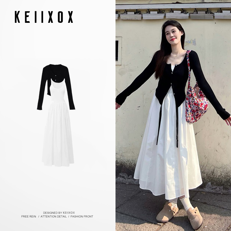 A Complete Set of High-End Outfits for the Beginning of Spring, Korean-Style Black Knitted Cardigan and White Suspender Dress Two-Piece Set A Complete Set of High-End Outfits for the Beginning of Spring, Korean-Style Black Knitted Cardigan and White Suspender Dress Two-Piece Set