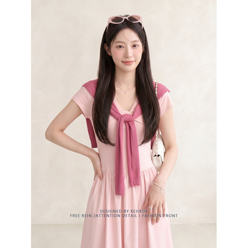 Korean-Style Pink Shawl Twist Short-Sleeve Dress for Women, Summer 2026, Very Pretty, Versatile, Waist-Cinching, Slimming Long Dress