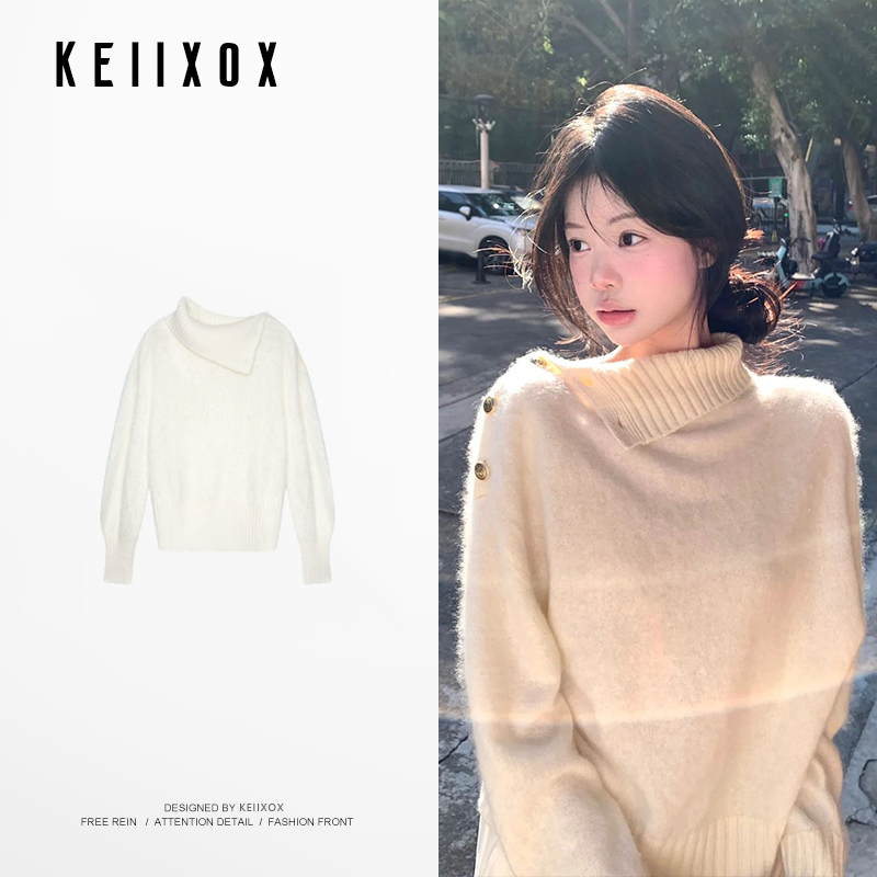 Designed Half-High Collar White Sweater for Women, Autumn and Winter Wear, Irregular Loose Fit, High-End Lazy Knit Top Designed Half-High Collar White Sweater for Women, Autumn and Winter Wear, Irregular Loose Fit, High-End Lazy Knit Top