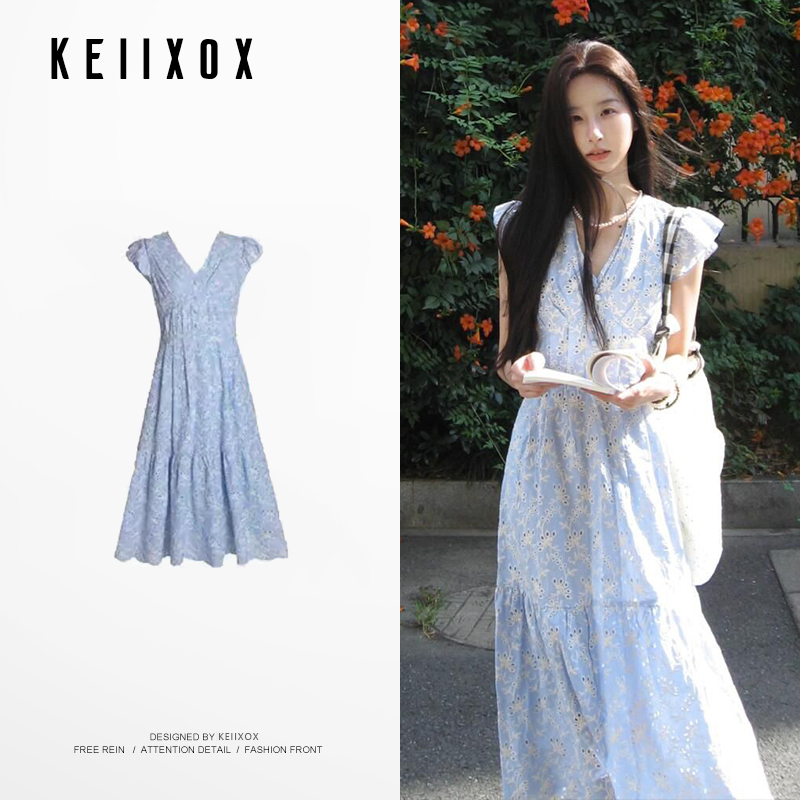 French-Style Blue Platycodon Dress with Flutter Sleeves for Women, Summer Elegant Niche Waist-Cinching Mid-Length Fresh Fairy Dress