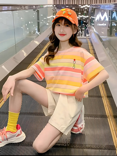 女童短袖t恤夏季2025新款儿童装大童夏装女孩半袖衣服条纹体恤7岁